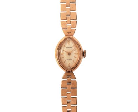 ROTARY: A LADY'S 9CT GOLD BRACELET WATCHwith manual wind movement, the silver dial with gold baton numerals and hands, circa 