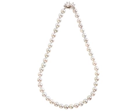 A GREY PEARL AND DIAMOND NECKLACEcomprising a single row of uniform grey cultured pearls from c.8.5mm, secured with a stylise