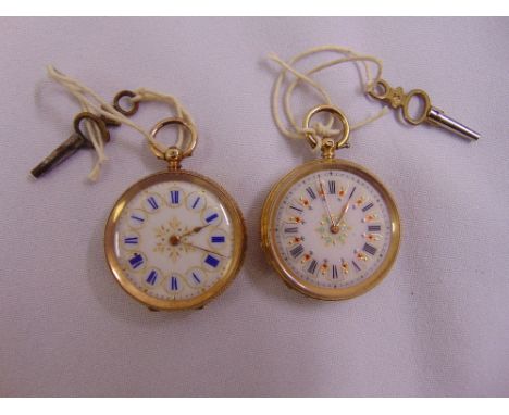 Two 18ct gold open face pocket watches, white enamel dials, Roman numerals, to include keys, approx total weight 67.4g