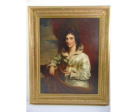 A framed oil on canvas portrait of a Regency society lady, 90.5 x 69.5cm