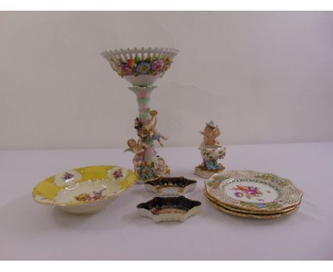 A quantity of continental ceramics to include a Sitzendorf centrepiece and a pair of Austrian hand painted dishes (8)