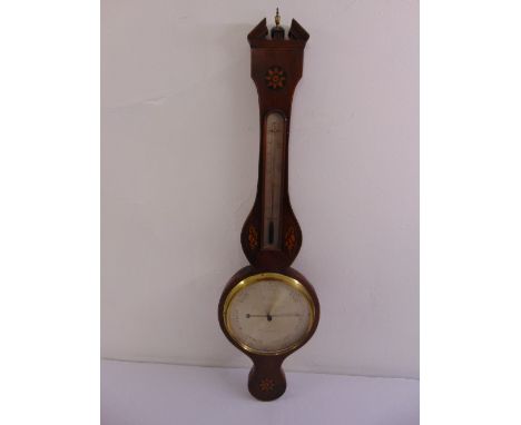 A 19th century mahogany wheel barometer by Borini, with thermometer, shell and floral inlaid case