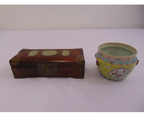 A Chinese ceramic vase and an oriental hardwood box set with jade plaques