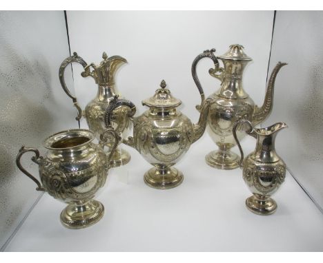 Victorian Silver Plated 5 Piece Tea Service having Embossed Mask Decoration