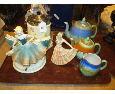 Two Shelley Teapots and Cream Jug, Coronet Ware Biscuit Box and 2 1930's Figures