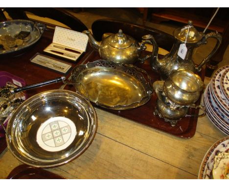 Arts &amp; Crafts Silver Plate and Pottery Basket, Another Basket and a 4 Piece Tea Service