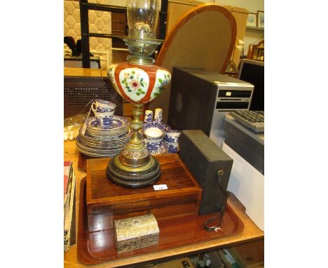 Victorian Oil Lamp, Work Box, Jewel Box and Pair of Binoculars