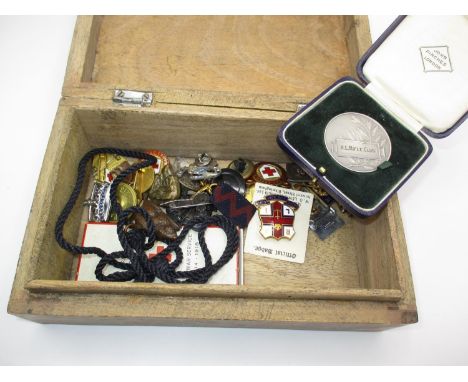 Silver Rifle Club Medal in Fitted Case, a Collection of Vintage Badges including a Copper Beaver on Black Neck Cord