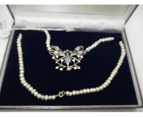 Silver, Pearl, Rainbow Moonstone, Amethyst and Enamel Art Nouveau Style Pearl Necklace