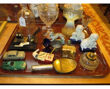 Victorian Vaseline Glass Vase, Brass Snuff Box, Inkwell, Victorian Dogs etc