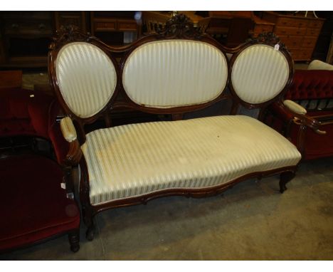 Carved Mahogany Triple Panel Back Parlour Settee on Cabriole Legs