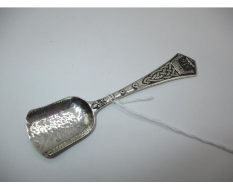 John Hart Iona Silver Spoon with Galleon Finial and Celtic Knotwork, stamped JH Monogram, IONA, and hallmarked Glasgow 1959, 