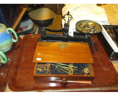 London Mode Mahogany and Brass Travelling Scales and Avery Kitchen Scales