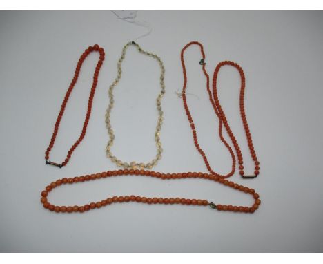 Small Opal Bead Necklace and Four Coral Bead Necklaces
