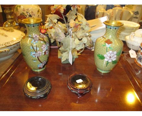 Pair of Cloisonne Enamel Vases and a Carved Bonsai