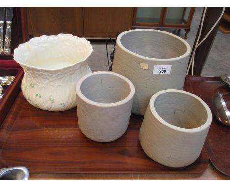 Belleek Porcelain Jardinière and 3 Pottery Plaques