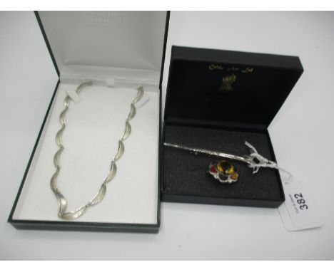 Silver Kilt Brooch, Silver Stone Set Brooch and a Continental 835 Silver Necklace