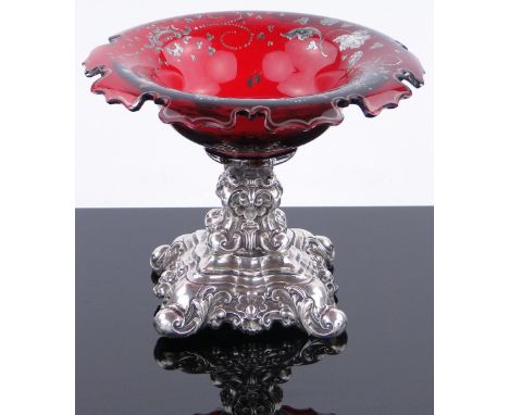 A Bohemian ruby overlay glass comport,
with silver mount, diameter 6.75".