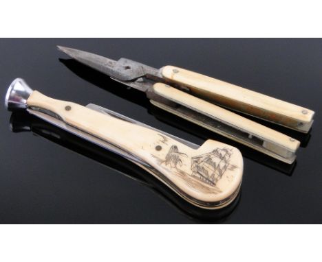 A pair of ivory folding scissors,
and a marine ivory pipe tamp with scrimshaw decoration, length 3.6".