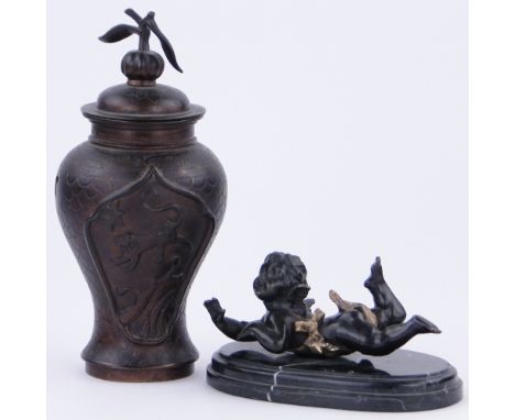 A Chinese bronze vase and cover,
height 11" together with a reproduction bronze cherub on marble base, (2).