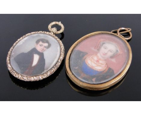 Miniature watercolour on ivory portrait of a Anne of Cleves,
original gilt metal frame, height 55mm together with a 19th cent