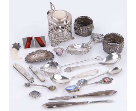 Box of various items,
including silver caddy spoons, napkin rings, penknives, etc.