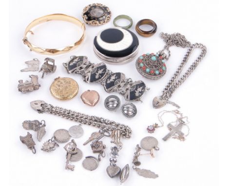 Box of various jewellery,
including a Victorian mourning brooch, engraved locket and an Art Deco silver and black and white e