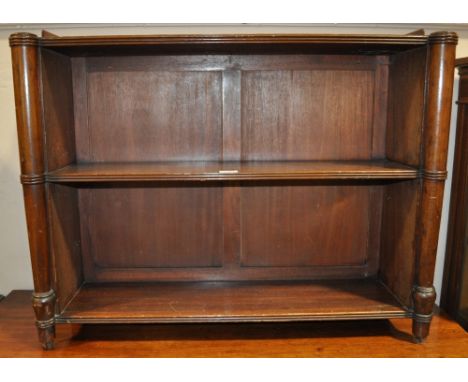 A small 19th century mahogany 2-tier open book shelf,
with turned columns, width 2'11", height 2'3", depth 11".