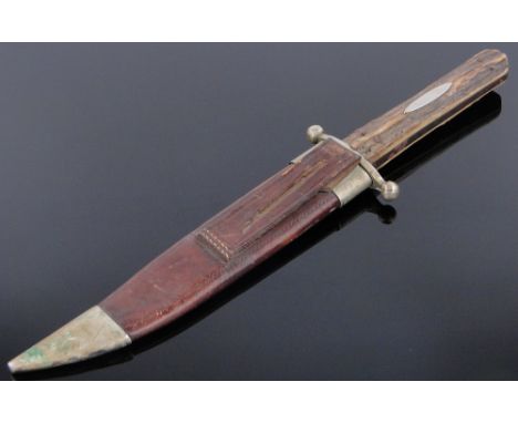 Antique horn handled knife 
by J Rodgers & Sons, blade length 6.75" with scabbard, 11.75" overall.