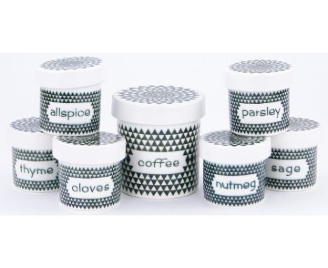 A set of 6 Poole Pottery herb jars and covers,
and a coffee storage jar and cover, height 4.5" (7).