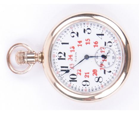 An Elgin gold plated topwind railway pocket watch,
enamel dial, 17 jewels with 4 adjustments, screw-on back and front, case w