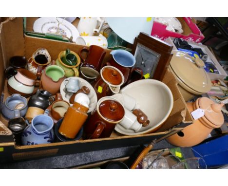 Box of stoneware and pottery jugs, bowls, ink bottles, barometer, terracotta lidded pot and bread jar
