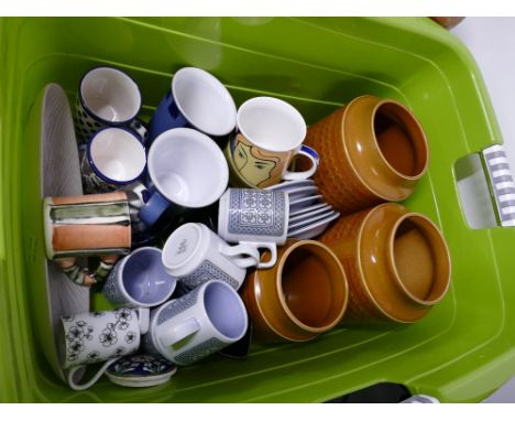 Box of ceramics, mugs, Hornsea Saffron storage jars, Hornsea tapestry coffee mugs etc