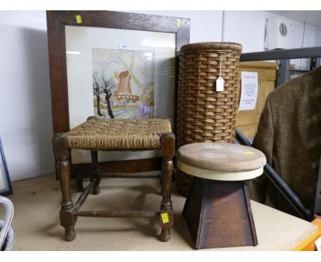 Oak firescreen with windmill tapestry insert, wicker stick stand, wicker top stool, pottery wheel