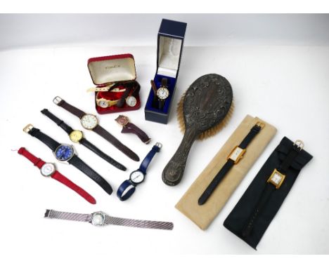 Silver backed dressing table brush and quantity of vintage wristwatches - Rotary and Sekonda etc 