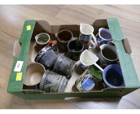 Box of Studio Pottery and colourful ceramic jugs and mugs 