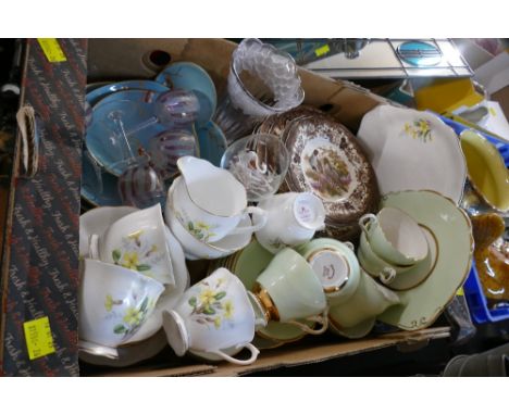 Box of Royal Worcester Game Series plates, part tea sets, including Royal Albert Primrose, small Murano glass animals