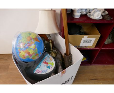 Box of wooden curtain pole, Young Learner interactive globe, lamp, mirror and cushion seat pads