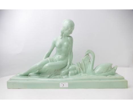 Ceramic Art Deco nude with swan, length 56 cm, height 32 cm