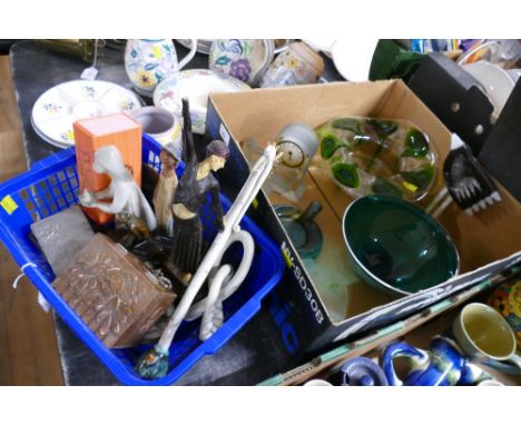 Two boxes of figurines, metal beaten trinket pots, Art Glass bowls and ornaments