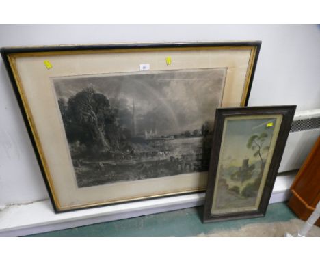 Large print, horse and cart crossing river, 96 cm x 82 cm, and smaller castle picture