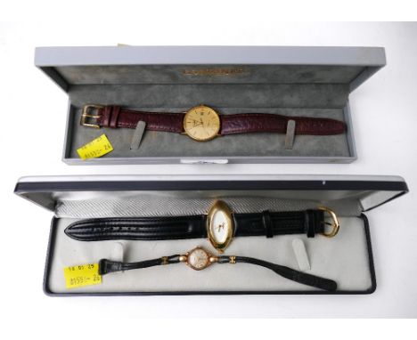 Longines boxed gents watch with leather strap, etched to back "Recognition of 25 Years Service" 9 ct gold plating and ladies 