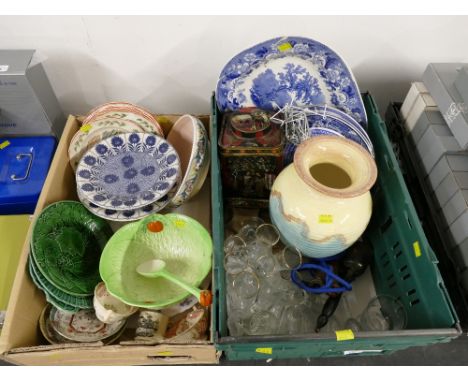 Two boxes of decorative plates, blue and white ashette, glassware, Majolica and Midwinter Cabbage Leaf salad bowl