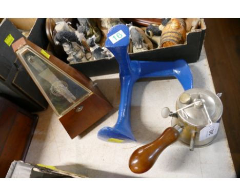 Metronome, blue painted shoe last and vintage paint sprayer