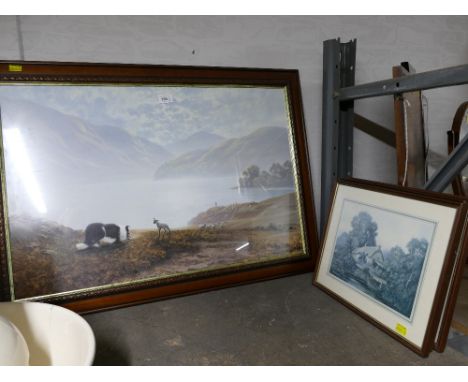 Large print of sheepdog herding lambs and four pastoral pints 