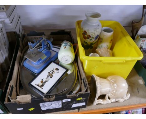 Two boxes of ceramic jugs including Sylvac, Vulcan child's sewing machine, trays etc