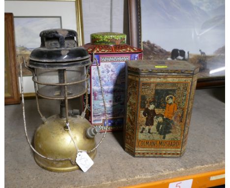 Oil lantern and two vintage biscuit tins including Coleman's Mustard 