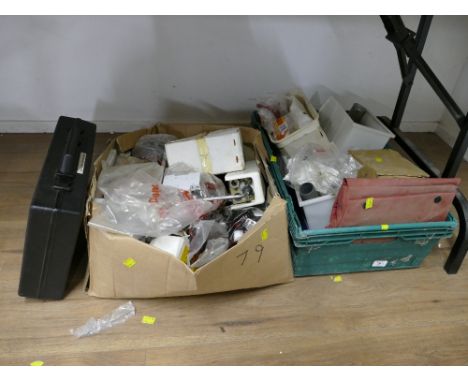 Three boxes of tools, electrical accessories and parts including an electronic stethoscope headset