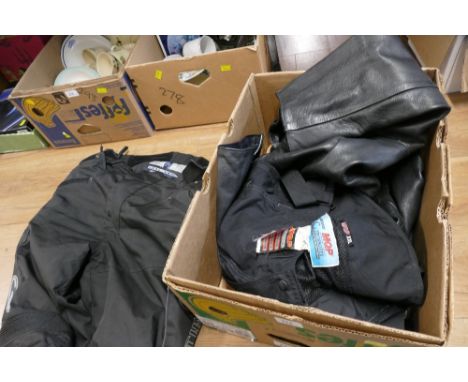 Box of motorcycle trousers, including leathers (size 40"), MQP (size XXL) and Richa (size K XXXXL)