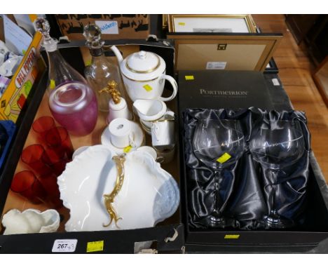 Box of Royal Worcester Viceroy part coffee set, decanters, coloured glassware, Limoges dish and boxed Portmeirion wine glasse